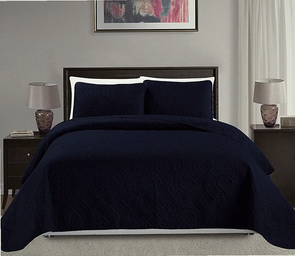 California King Navy Blue Oversized Bedding Set Elegant Bedspread and Shams