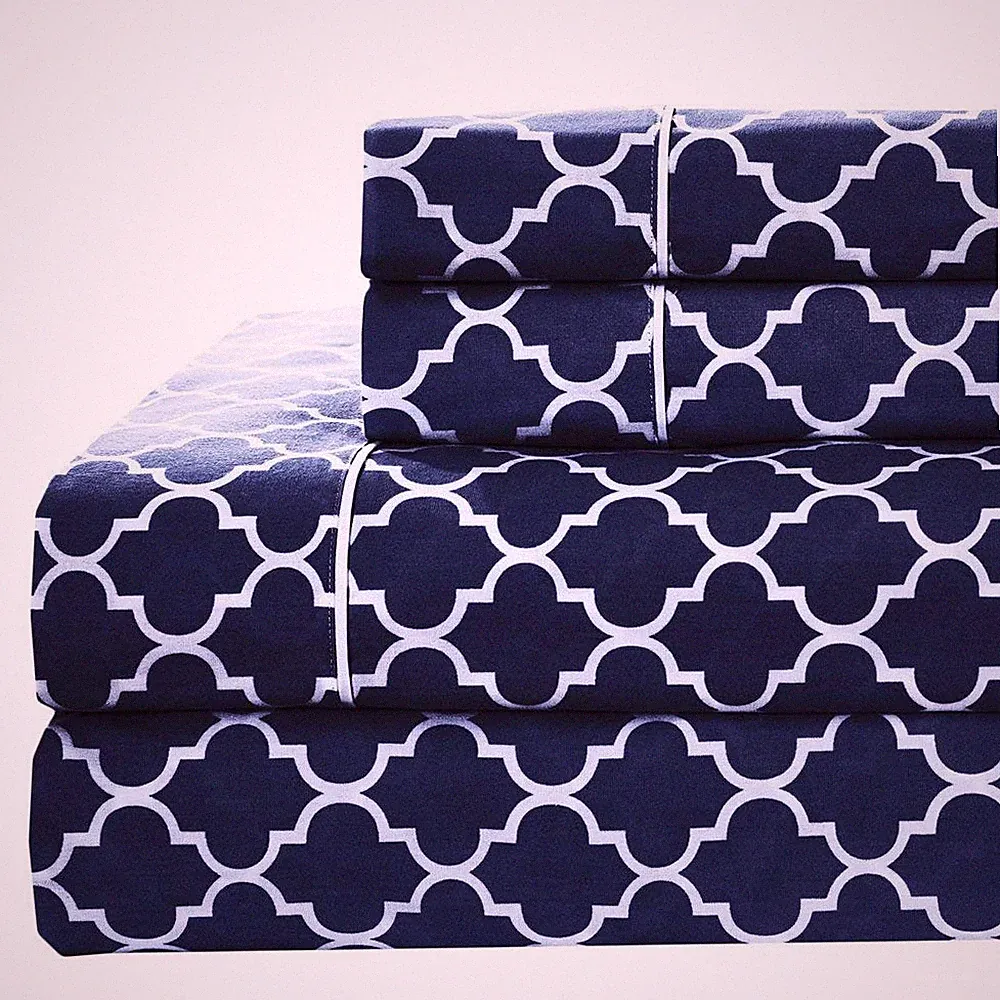 Meridian Navy and White Brushed Sateen Cotton Sheets, 5pc Adjustable King, Sp...