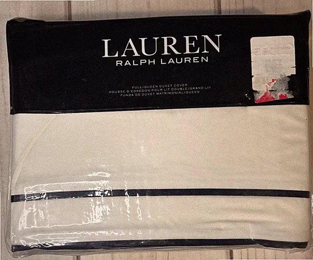 Ralph Lauren Full Queen Spencer Border Sateen 300TC White Navy Duvet Cover $335