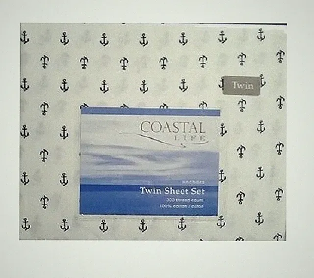 Sheet Set 300TC Twin White and Navy Coastal Life Natural Luxurious Cotton Anchor