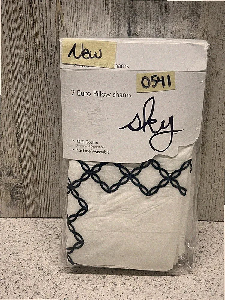 Sky Embroidered Percale TWO Euro Shams Navy New