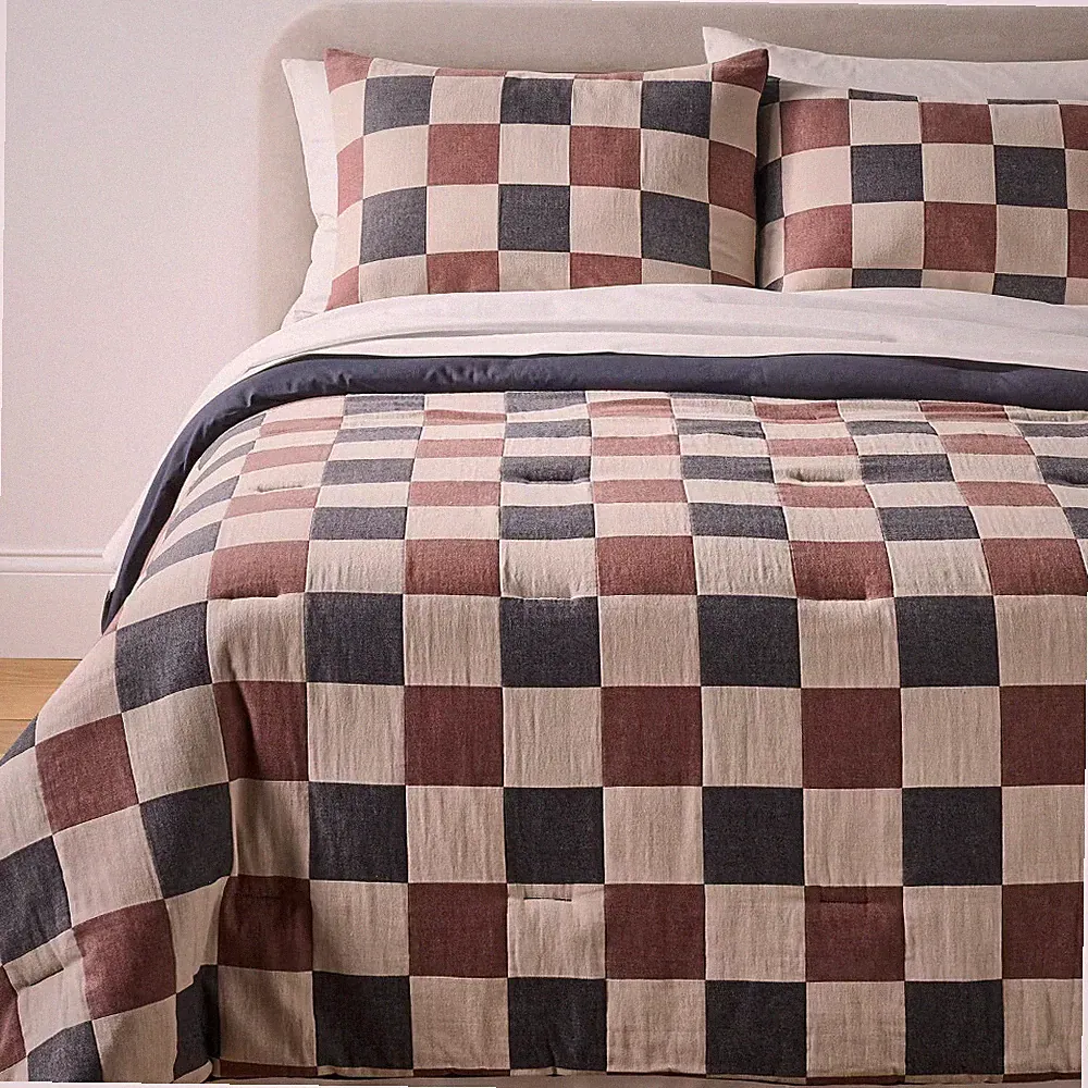 Twin/Twin Extra Long Woven Check Comforter Set Neutral/Navy/Burgundy - Threshold